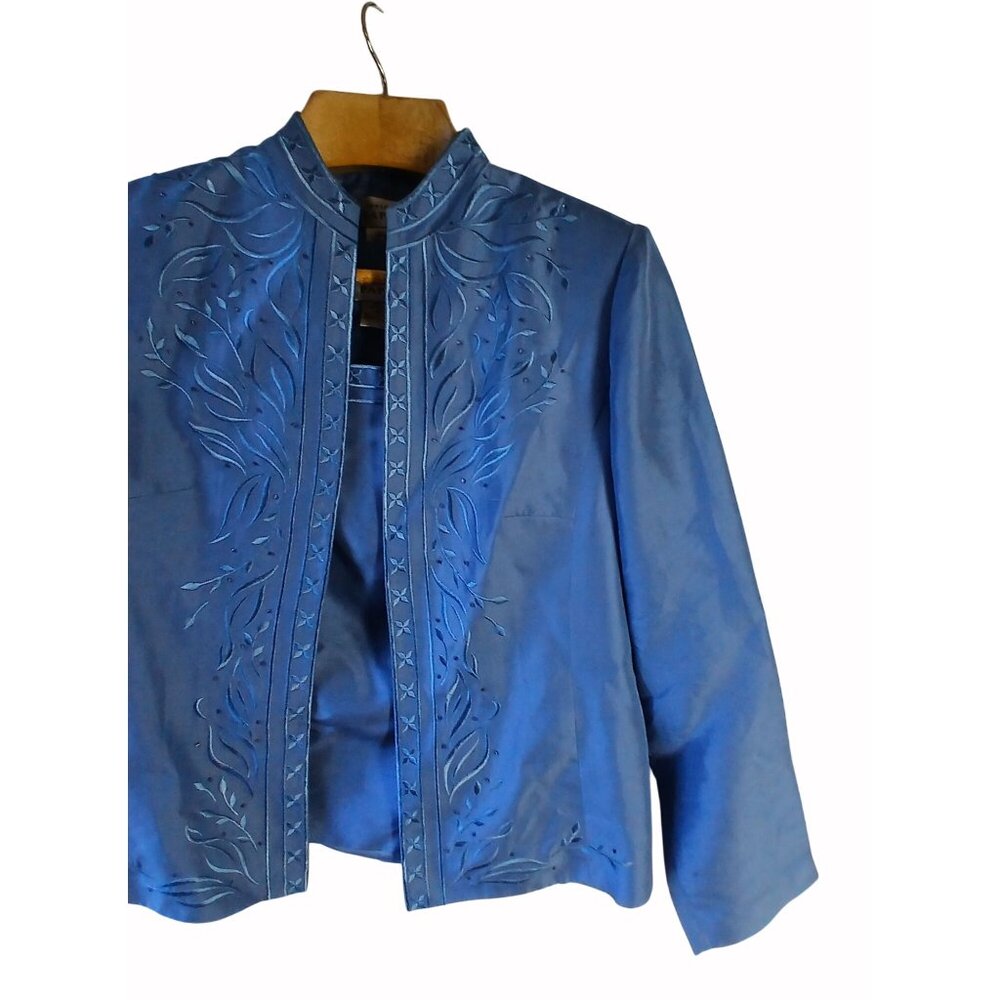 Adrianna Papell Blue Embroidered Silk Jacket Shell Size 12 Womens Embroidered - Picture 4 of 16